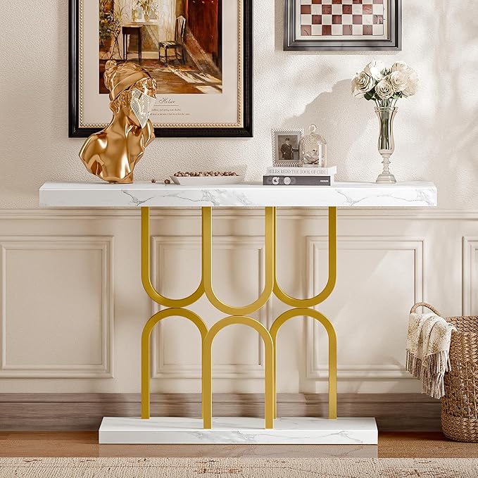 Huuger 47.2 Inch Entryway Table with Marble Top, Modern Console Sofa Table, Accent Table, for Entry, Hallway, Entrance, Foyer, U-Shaped Metal Base, White Marble & Gold