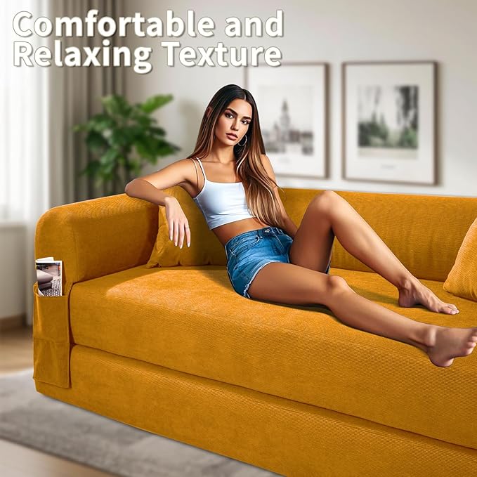 80" Convertible Sofa Bed, Corduroy Deep Seat Folding Pull Out Couch with Pillows, No Assembly Modern Boneless Couch Compression Sofa in Box, Floor Sofa with Storage Pocket for Living Room,Yellow