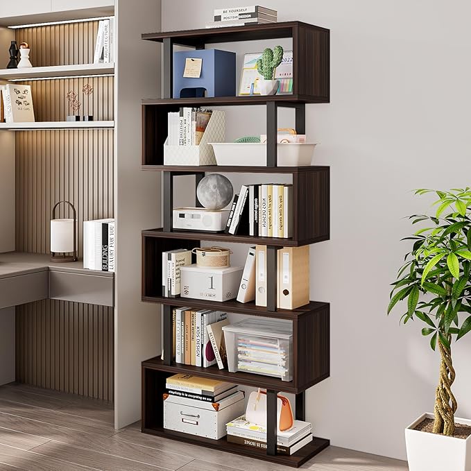 SORCEDAS Bookshelf Geometric Bookcase S Shaped Industrial Bookshelf Storage Display Stand Shelf for Living Room Bedroom and Office Room (Black, 6 Tier)