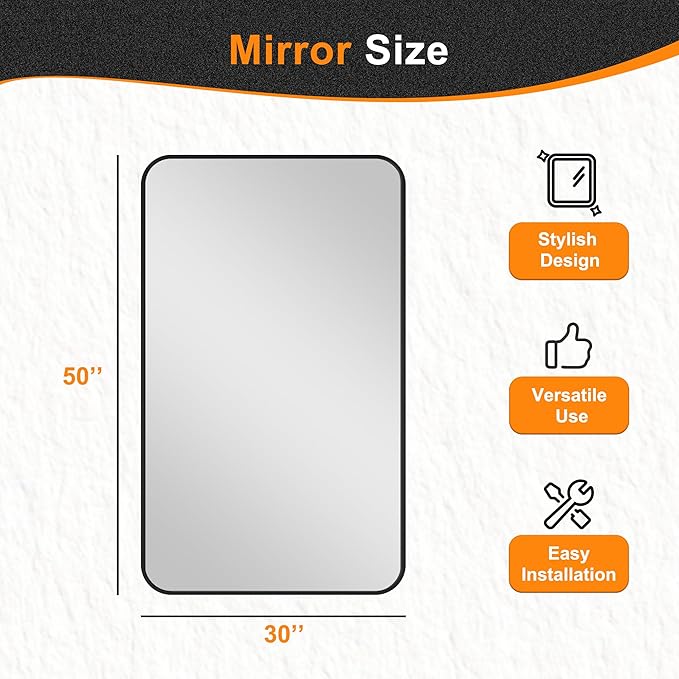 Delma Black Framed Bathroom Vanity Mirror for Over Sink, 50x30 Inch High-Definition Wall Mirror with Horizontal/Vertical Hanging, Durable Rust-Resistant Bathroom Mirror for Modern Decor (Black)
