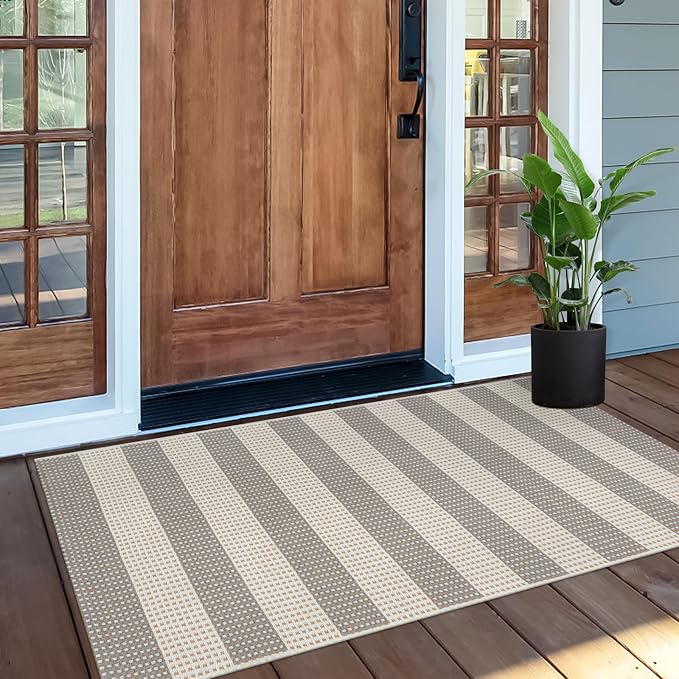 OJIA Front Door Rug 24"x51" Washable Checkered Rug Cotton Woven Small Outdoor Rug Kitchen Entryway Rugs Indoor Doormat Outdoor Entrance Porch Carpet for Bathroom Bedroom (Gray/White/Tan)