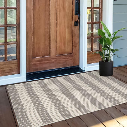 OJIA Front Door Rug 24"x51" Washable Checkered Rug Cotton Woven Small Outdoor Rug Kitchen Entryway Rugs Indoor Doormat Outdoor Entrance Porch Carpet for Bathroom Bedroom (Gray/White/Tan)
