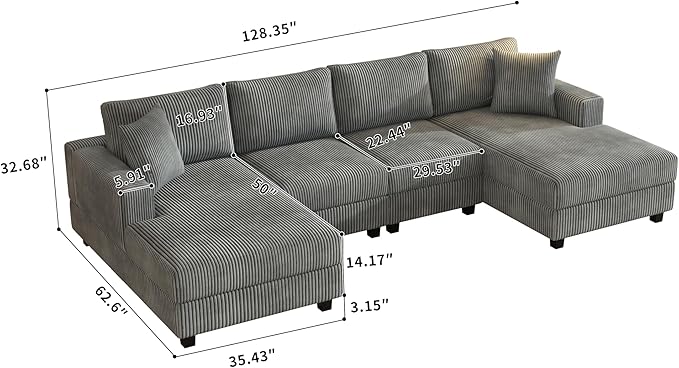 Eafurn Oversized Symmetrical U Shaped Modular Sectional Sofa with Double Chaise Lounge, Reversible Corduroy Upholstered Sofa Extra Wide Deep Seat Sleeper Sofas Couches w/ 2 Pillows