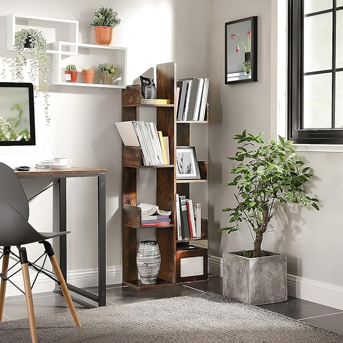 VASAGLE Bookcase, Tree-Shaped Bookshelf with 8 Storage Shelves, Rounded Corners, 19.7 x 9.8 x 55.1 Inches, Rustic Brown ULBC66BXV1