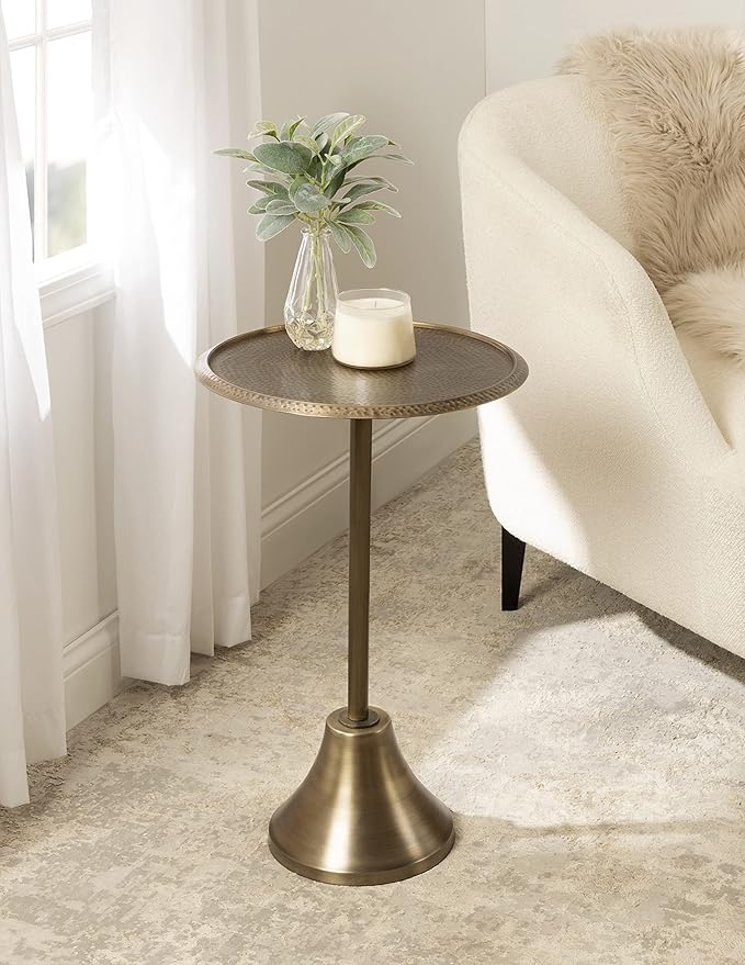 Kate and Laurel Sanzo Modern Round Pedestal Side Table; 15 x 15 x 24; Gold; Decorative End Table with Hammered Tabletop for Use as a Bedroom Nightstand or Living Room Accent