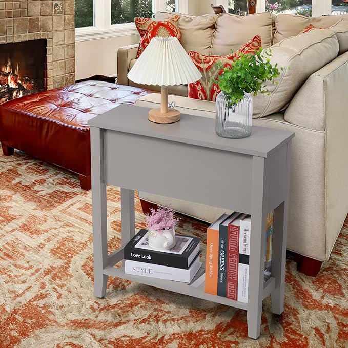 Gery Chairside Narrow End Table, Solid Recliner Side Table with Drawer, Slim Nightstand Bedside Table for Living Room Bedroom