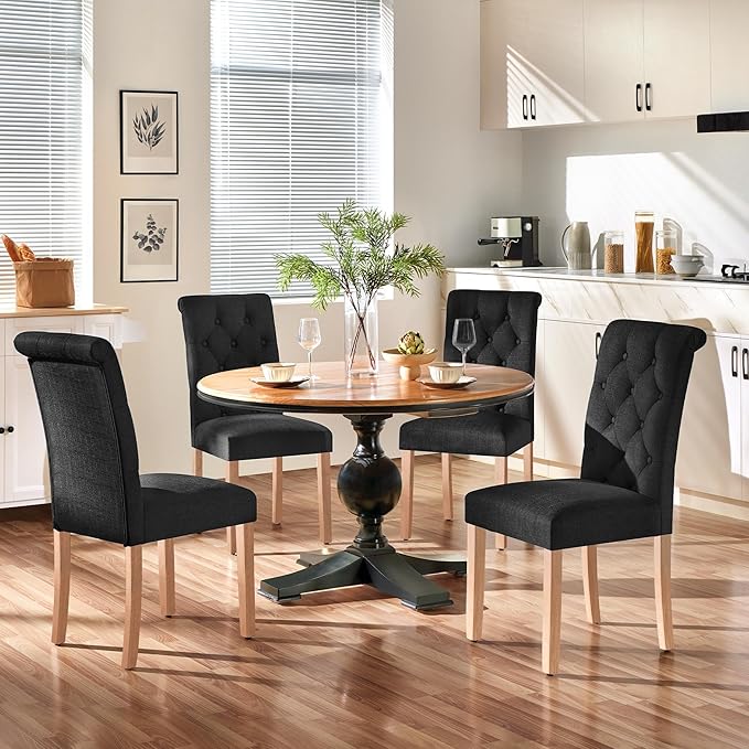 Yaheetech Dining Chairs Set of 4 Fabric Upholstered Button Tufted Dining Chairs with Solid Wood Legs and for Home, Kitchen, Restaurant, Black