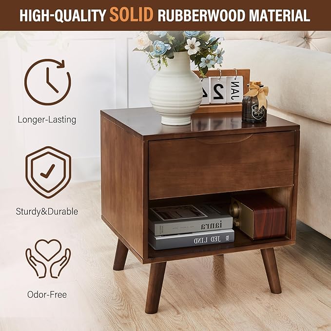 CozyDH Nightstand with Drawer and Opening Storage, Solid Wood Modern Bedside Table for Bedroom, 19" Sofa Side Table with Wooden Legs End Tables Living Room, Walnut
