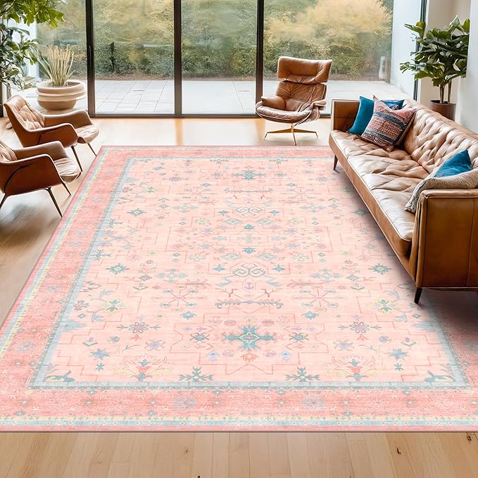 Washable Pink and Blue 7x9 Boho Rugs for Bedroom Girls, Living Room Kids Playroom Nursery Room, Modern Floral Distressed Design, Soft Low Pile Non Slip Stain Resistance Carpet