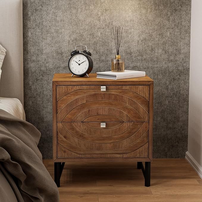 COSIEST Vintage Nightstand with 2 Storage Drawers, Rustic End Table for Bedroom and Living Room, Easy to Assemble Accent Table (Brown, Circle Pattern)