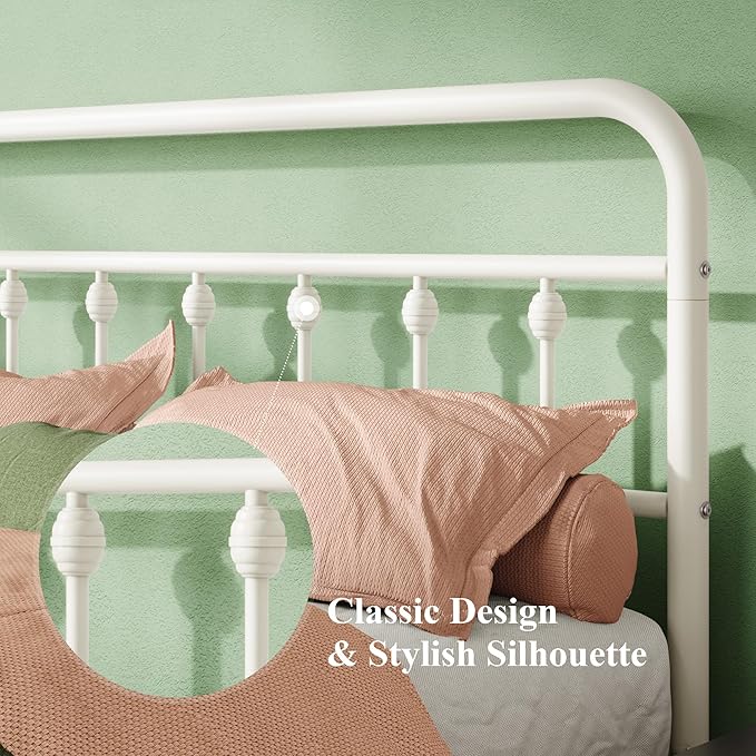 Allewie 14 Inches Full Size Metal Platform Bed Frame with Victorian Style Iron-Art Headboard/Footboard, Mattress Foundation, Easy Assembly, Under Bed Storage, No Box Spring Required, Off White