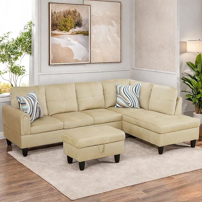 Sectional Couch with Otttoman, 97" L Shaped Couch Sectional Sofa for Living Room, Modern Modular Couches with Cup Holders for Bedroom, Apartments, Beige