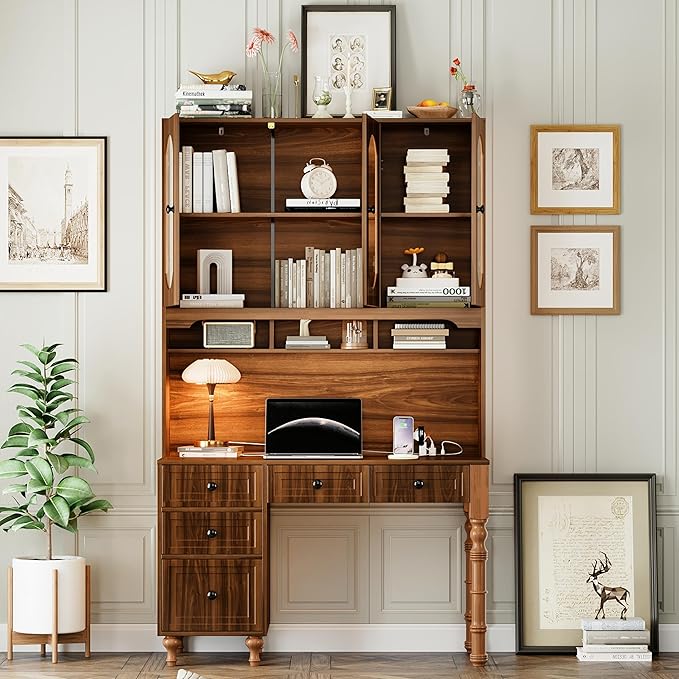Merax 47'' Executive Desk with Charging Station and Hutch, Home Office Desk with 5 Drawers and Glass-Door Bookshelf, Retro Computer Desk for Study, Bedroom Office Furniture, Walnut