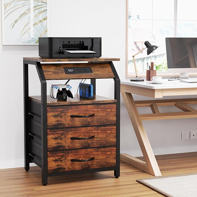 End Tables Set of 2, Nightstands with Charging Station and LED Lights, 3 Drawers Fabric Dresser, Storage Side Tables for Bedside, Living Room, Rustic Brown