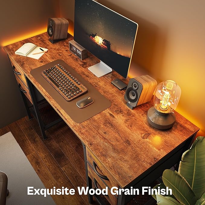 Huuger 47 Inch Computer Desk with 4 Drawers, Office Desk with Mesh Shelf, Gaming Desk, Large Storage, Writing Work Desk for Home Office, Study, Bedroom, Work from Home, Rustic Brown
