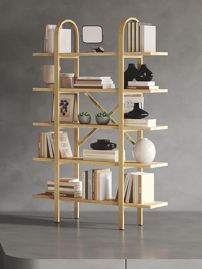 Wide Bookshelf Arched Bookcase, Industrial 5 Tier 72" Tall Freestanding Heavy Duty Display Rack for Home Office, Living Room,Nature Wood & Gold,Easy Assembly