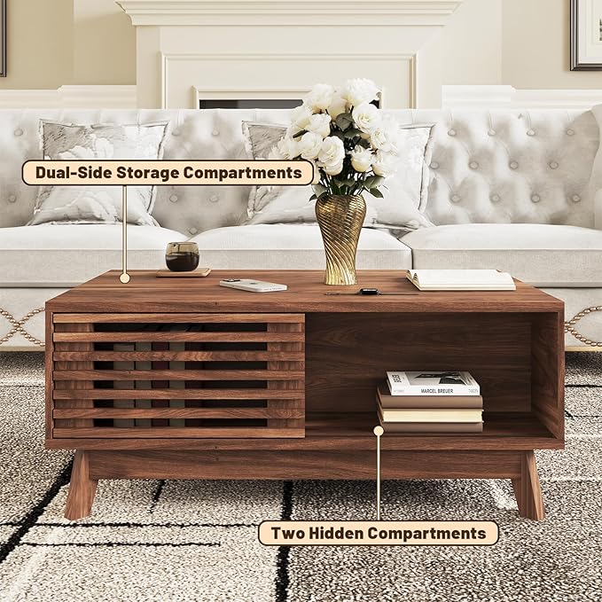 HAIOOU Lift Top Coffee Table, Mid Century Modern Coffee Table with Storage for Living Room, Walnut Coffee Tables with Sliding Fence Door, 35.4'' Rectangular Fluted Center Table (Brown)