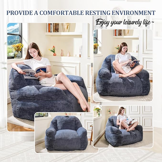 Bean Bag Chair, Faux Fur Bean Bag Chairs for Adults, Fluffy and Comfy Bean Bag with Filler, Bean Bag Sofa Chair for Reading, Gaming, Stuffed High-Density Foam (Grey)