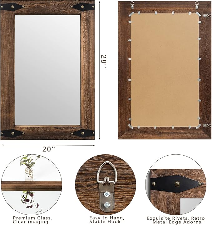 blue page Mirror for Wall, Rustic Wood Mirror with Wood Frame, Rectangular Decorative Wall Mounted Mirror for Farmhouse Bathroom Bedroom & Living Room (20 x 28 Inches, Arrow)