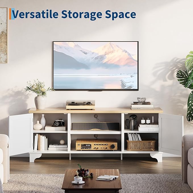 GarveeHome Rattan TV Stand for 70 Inch TV, Boho Entertainment Center with Cabinets & Open Shelves, Wooden Media Console Table for Living Room, White