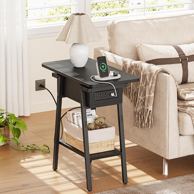 End Table with Charging Station, Flip Top Side Table with USB Ports and Outlets, Bedside Tables for Small Spaces,Nightstand with Storage Shelf for Living Room, Bedroom, Black