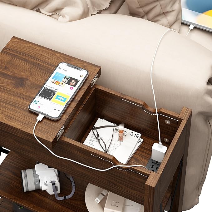 Narrow End Table with Charging Station - Farmhouse Slim Side Table Set of 2, w/USB Ports Power Outlets, Nightstand w/Flip Top Storage Drawer, for Small Spaces Living Room Bedroom, Walnut
