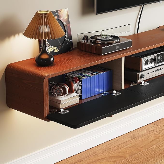 Minimalist 70'' Floating TV Stand with 3 Doors,Solid Wood Wall Mounted TV Console,Floating Entertainment Center with Hidden Storage,Curved Round Edges,Natural Wood Finish(Walnut)