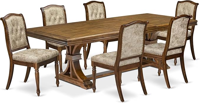 NEMA7-AWA-36 7 Pieces Dining Room Set Includes a Rectangular Dining Table and 6 Light Beige Polyester Fabric Kitchen Chairs, Antique Walnut Finish