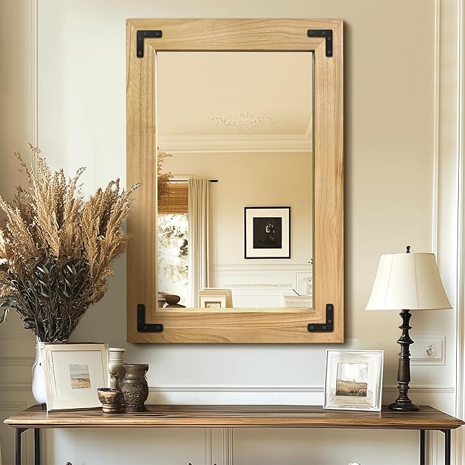 Bathroom Mirror for Wall with Wooden Frame, 36"x24" Solid Wood Vanity Mirror for Farmhouse, Bathroom, Bedroom Decor, Vertical or Horizontal Hanging(Natural)