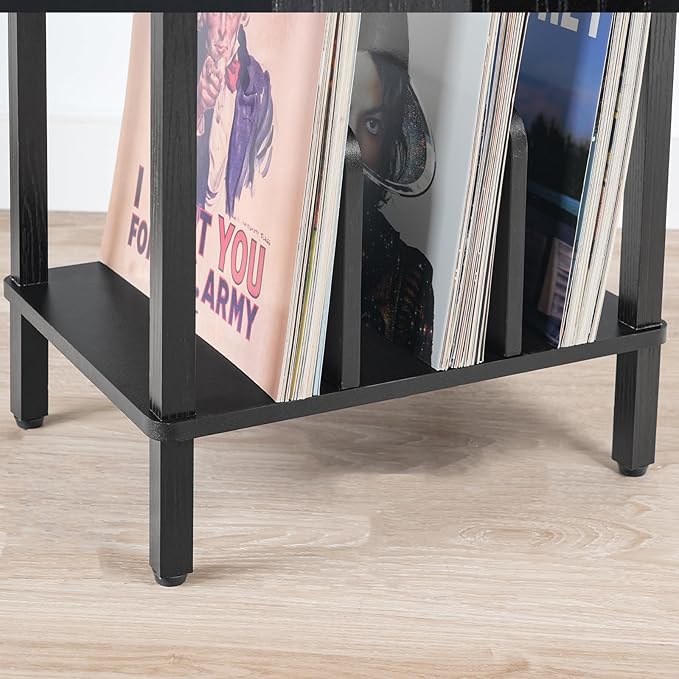 HOOBRO Record Player Stand, 2-Tier End Table, Vinyl Record Turntable Stand with Storage up to 100 Albums, Small Side Table for Living Room, Bedroom, Black, BK05RS01