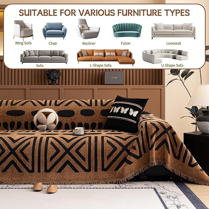 HANDONTIME Boho Couch Cover Geometric Striped Pet Covers for Couches and Sofas Copper Brown and Black Dog Cover for Couch Pet Friendly Chenille Sectional Sofa Covers for Pets Washable, 71" X 150"