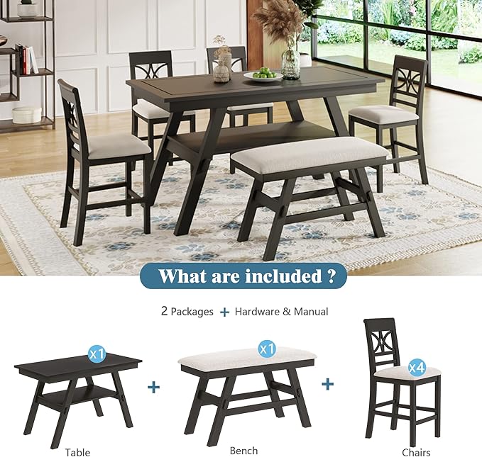 Merax 6 Piece Counter Height Dining Table Set with Storage Shelf, Beige Cushion, Bench and 4 Chairs, Espresso