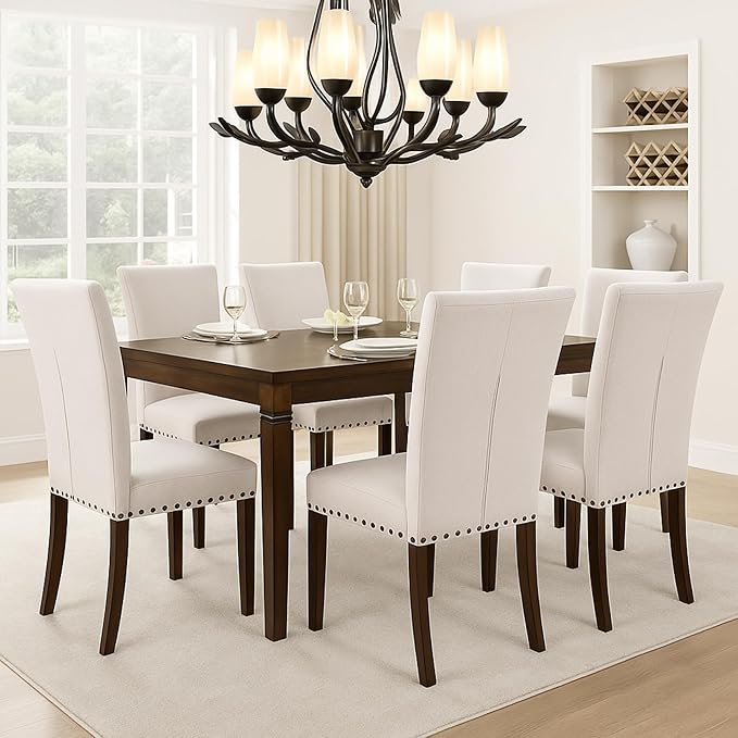 Set of 6 Beige Upholstered Dining Chairs, Farmhouse Kitchen Chairs with High Back, Solid Rubberwood Legs, Comfortable Padded Foam Seat, Bronze Nailhead Trim, Dining Room Chairs for Large Families