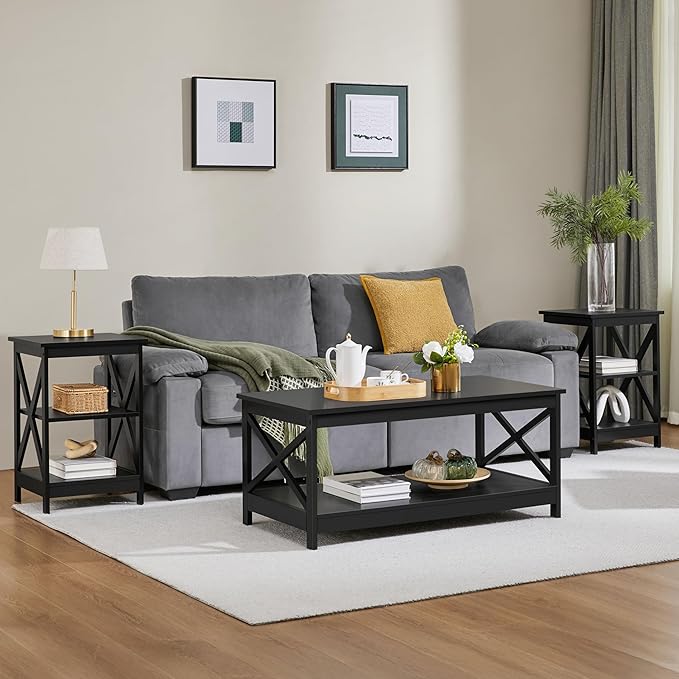 Yaheetech Black End Table Set of 2, 16x16x24 in Sturdy 3-Tier Side Tables with Storage Shelf & Solid Wood Legs, 2Pcs X-Design Modern Sofa Side Table for Living Room Office, Easy Assembly