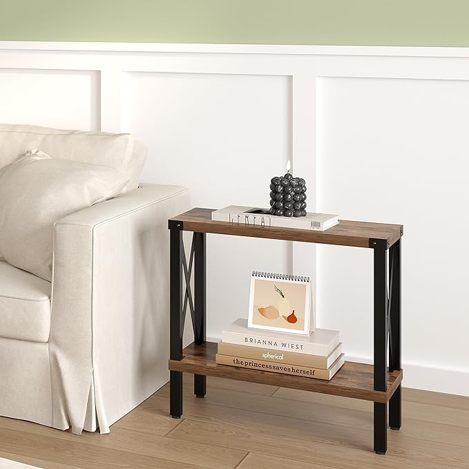 Narrow End Table, Large Sofa Side Table, Farmhouse Nightstand with Storage Shelve, Slim Bedside Table for Living, Room Bedroom, Lounge Rustic Brown MLBZ17R