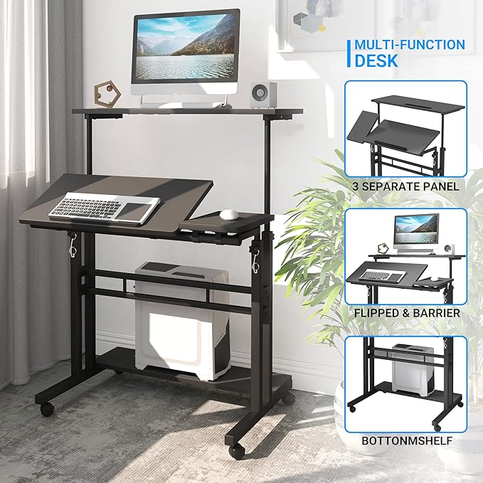 Mobile Standing Desk, Adjustable Rolling Computer Desk with 3 Desktops, Portable Laptop Table with Cup Holder, Home Office Laptop Workstation on Lockable Wheels, Black