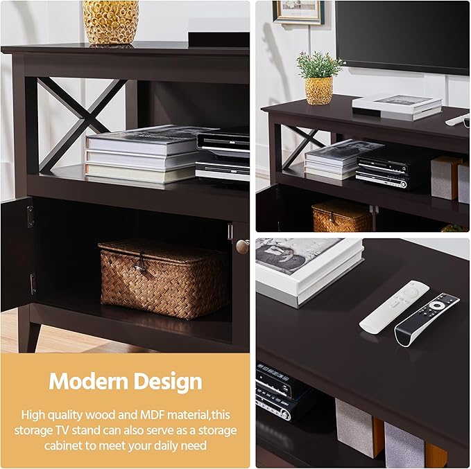 Yaheetech Wooden TV Stand for TVs Up to 48 inch, Media Entertainment Center Table, TV Cabinet Table with Storage Open Shelf & 2 Doors for Living Room, Espresso