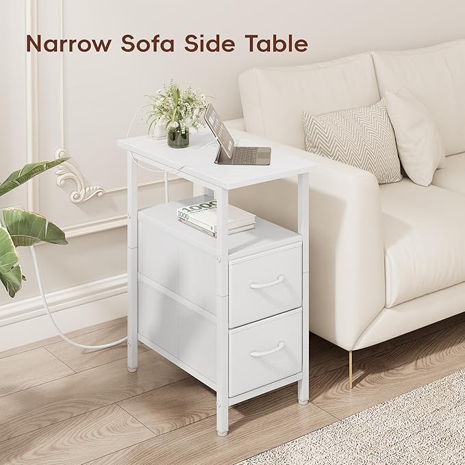 Vagusicc End Table with Charging Station Set of 2, Narrow Side Table, 23.8'' Tall Nightstand with 2 Drawers, Small Sofa Side Table Narrow Nightstand for Small Spaces, Living Room, Bedroom, White