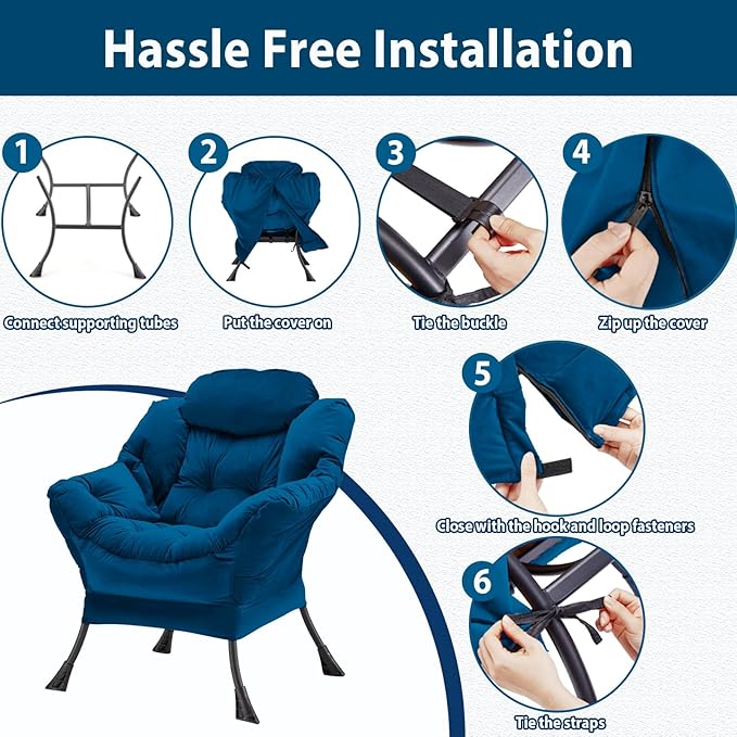 Lazy Chair Thick Padded, Comfy Velvet Accent Lounge Chair with Stable Frame, Leisure Sofa Armchair with Armrests and Side Pocket, Reading Chair for Bedroom, Living Room, Office, Blue