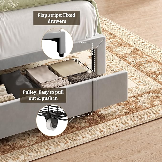 Queen Bed Frame with Storage Drawers, Upholstered Platform Bed with Headboard and Wingboard, No Box Spring Needed, Noise Free, Easy Assembly, Wooden Support Slats, Light Grey