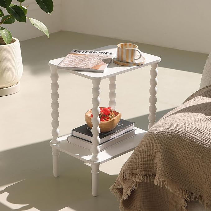 White End Table, Small Side Table with Storage Shelf, 2-Tier Modern NightStand for Bedroom, Living Room, Small Spaces (White)