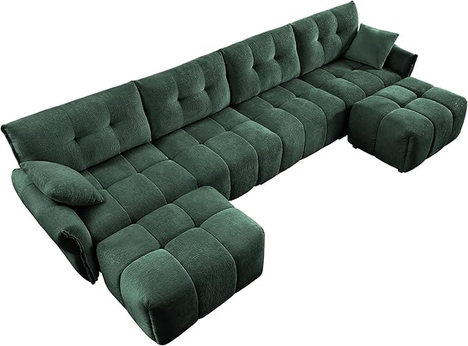 Modern Chenille Fabric 4-Seat Sofa w/Two Ottoman+2 Pillows, Premium Upholstery Living Room Couch with Tufted Backrest & Comfortable Armrests and High-Resilience Memory Foam Cushions,Green