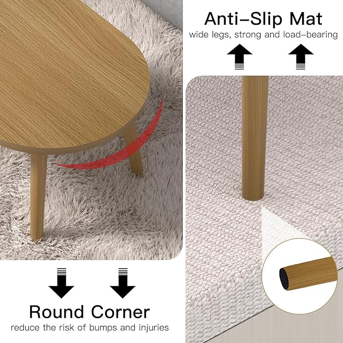 Small Coffee Table for Small Space, Low Table, Floor Table Desk for Sitting on The Floor, Japanese Coffee Table for Living Room, Tatami Tea Tables with Solid Wood Legs, Oval Coffee Tables, Brown