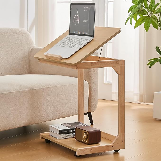 CozyDH Adjustable C Shaped End Table, Rolling Side Table Solid Wood TV Sofa Tray Table for Couch Arm Eating Multi-Purpose, Small Coffee Table with Wheels Living Room Bedroom, Natural