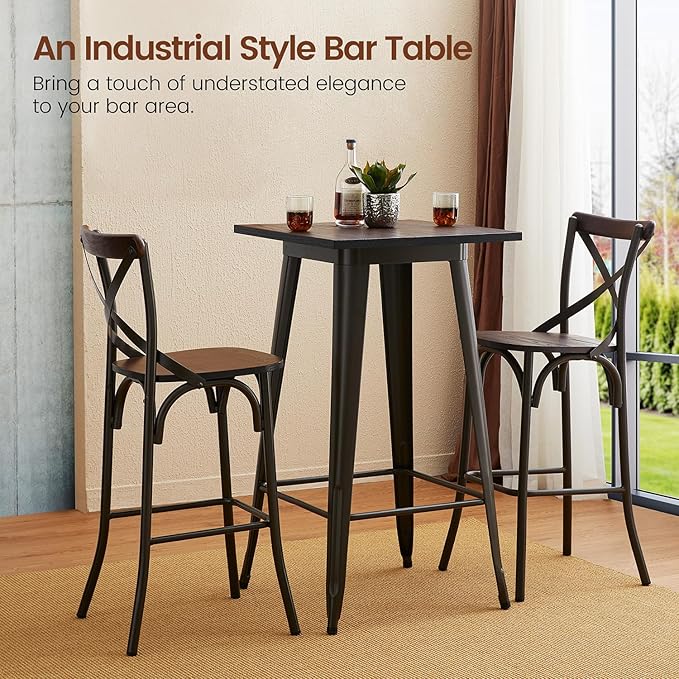 Glitzhome 41.25" H Modern Style Square High Heavy-Duty Metal Bar Table with Wooden Top Sturdy Frame Bistro Pub Table