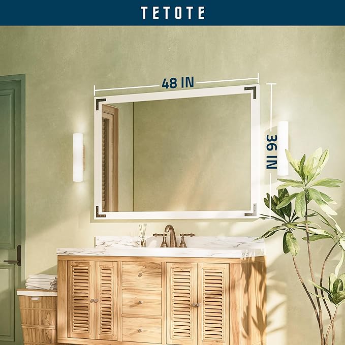 TETOTE 48 x 36 White Wooden Mirror for Bathroom Wall/Bedroom/Living Room/Entryway Farmhouse Rustic Wall Mirror Waterproof (Horizontal/Vertical Mounted)