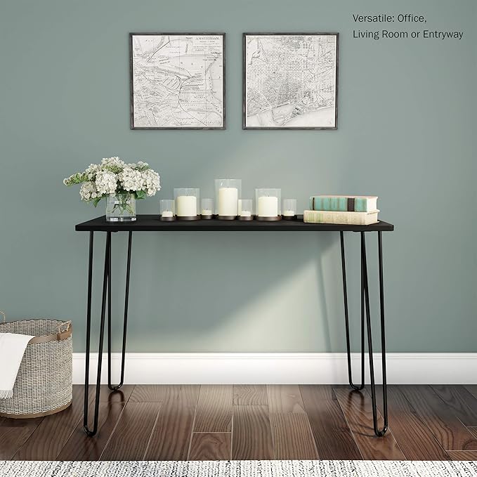 Lavish Home Desk with Hairpin Legs - Modern Industrial Style Home Decor - Woodgrain-Look and Steel Accent Home Office Furniture (Black)