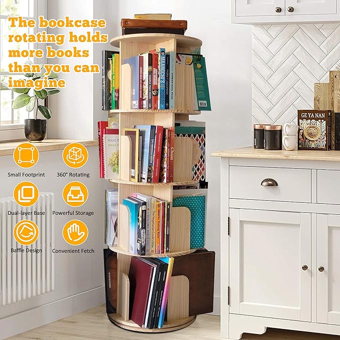 Rotating Bookshelf Kids, 360 Display 4 Tier Spinning Bookshelf Tower Stackable Solid Wood Book Shelf Rotating, Revolving Bookcase Floor Standing Bookcase Storage Display Rack for Kids&Adults, Pine