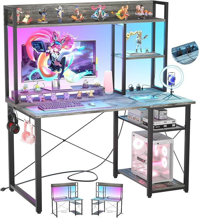Cyclysio Gaming Desk with Hutch, 39'' Computer Desk with LED Lights & Power Outlets, Home Office Desk with Reversible 5 Tiers Storage Shelves & Monitor Stand, Small Gaming Table for Small Space, Grey