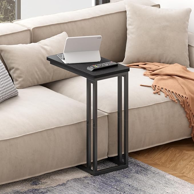 Yusong C Shaped End Table - Slide Under Sofa Couch Bed, Small Table for Small Spaces, Skinny Overbed, Coffee Drink Snack Table for Living Room, Black Oak